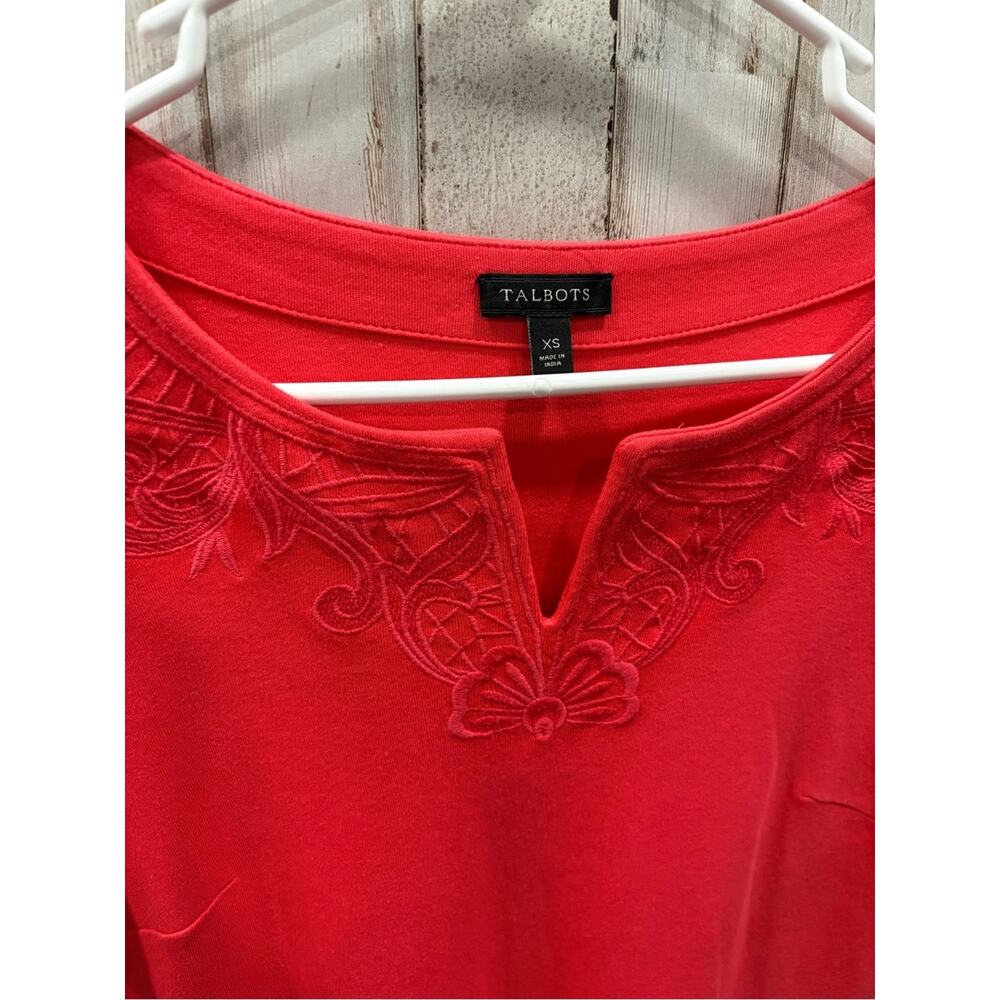 Talbots Bright Coral Floral Embroidered Midi Tshirt Dress XS Preppy Old Money - Picture 3 of 7